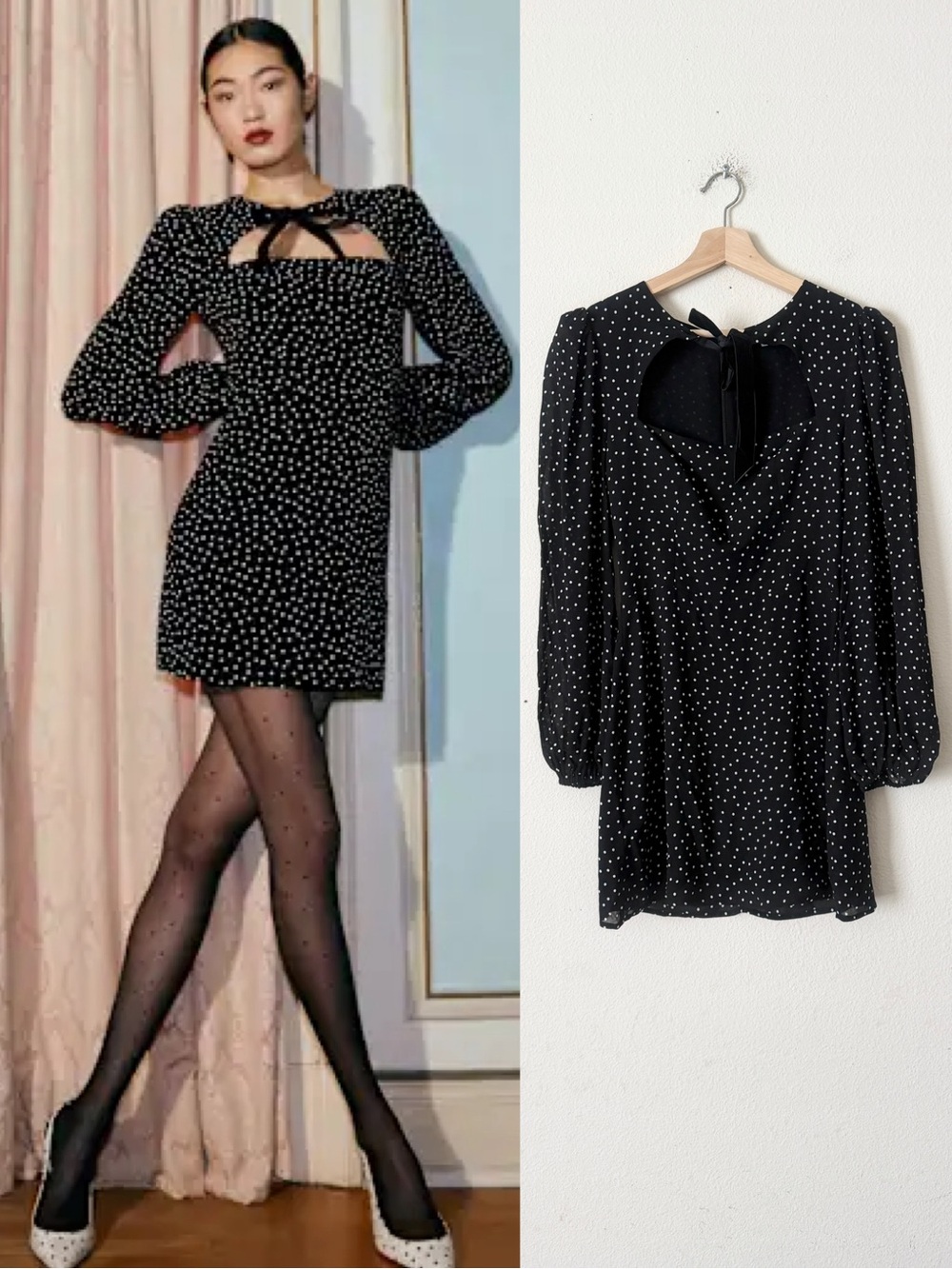 Reformation SIZE 2 Terri black white polka dot long sleeve bow front mini dress